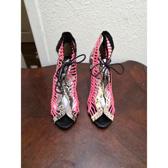 Ted Baker London Neon Pink & Snakeskin Lace-Up Open Toe Heels Size 37.5 - Picture 2 of 15